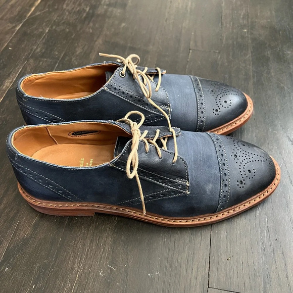 SOLD: Men’s Leather Allen Edmonds Bainbridge Navy Blue Cap Toe Oxfords Mens 7 E - Picture 3 of 9